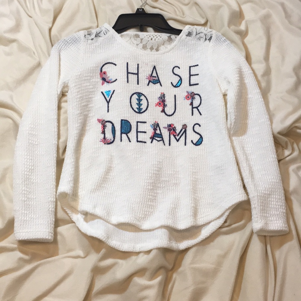 White, long sleeved, light material, print tee